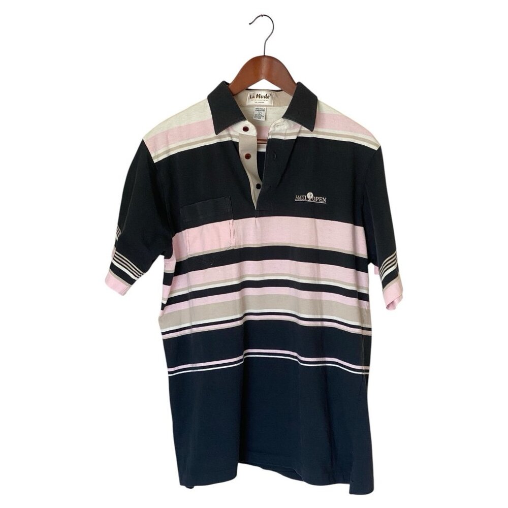 La Mode Striped Polo Shirt Men's L Blue Pink Tan Short Sleeve USA Made Maui Open